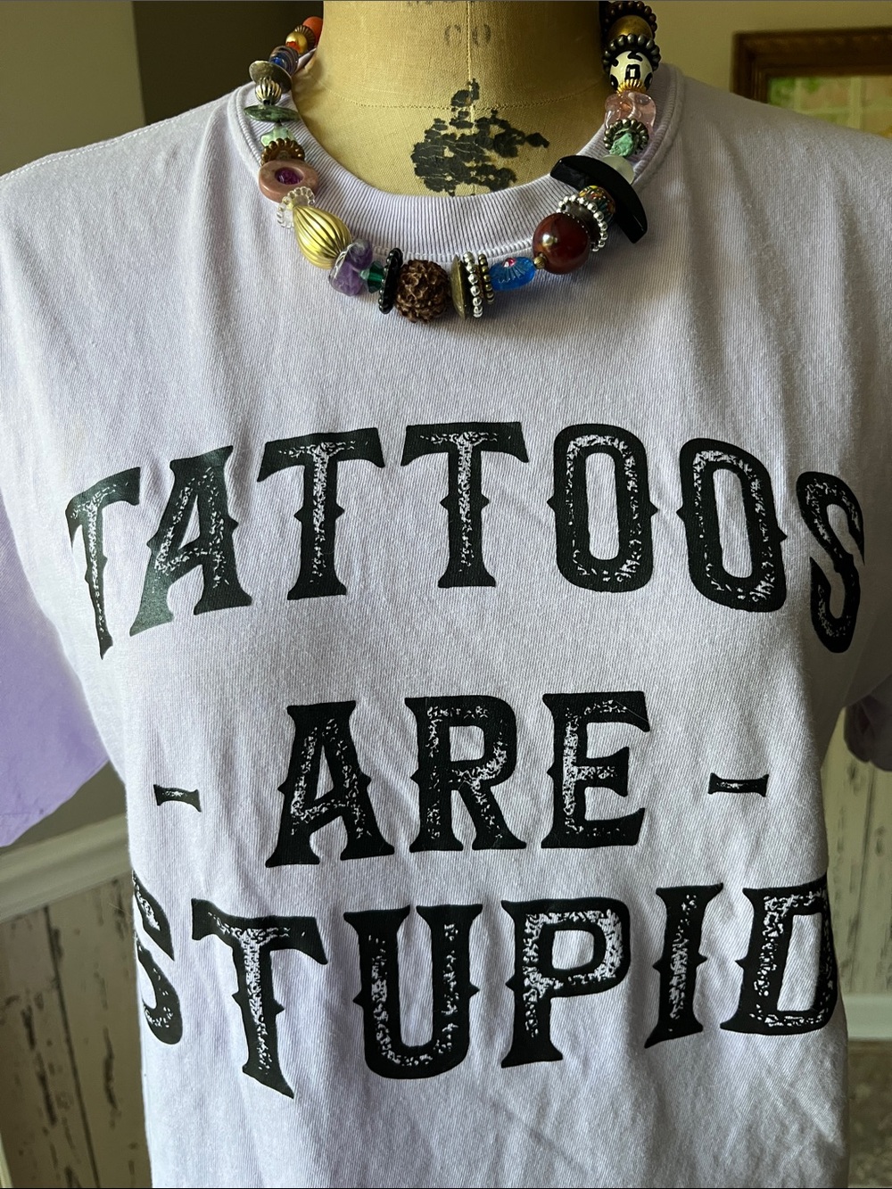 Lavender Tee Distressed Black 'Tattoos Are Stupid' Graphic Boho Jaded Gypsy look